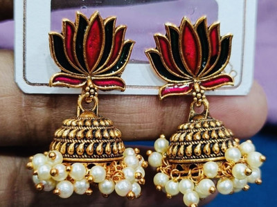 SAKETHAM Golden Lotus Green Chain Alloy Jhumki Earring
