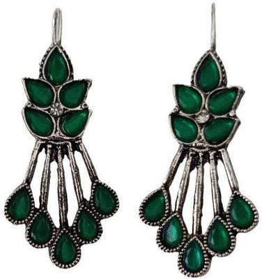 Relishine Women's Antique Silver Green Stone Dangler Earrings | Ethnic Festive Beads Metal Stud Earring