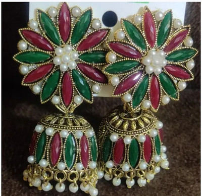 Swastik Big Size Alloy Pearls Drops Bell Earring Set [ GREEN & RED } Pearl Alloy Jhumki Earring