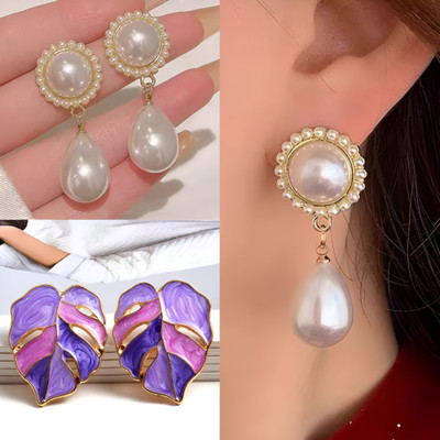 BLINGEE Korean Earrings Combo For Women Girls Floral Leaf Pearl Stylish Trending Trendy Pearl Alloy Earring Set, Stud Earring, Drops & Danglers