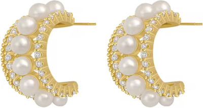 Harsu Collection Korean Pearl Hoop Earrings For Woman Fashion Jewelry Cubic Zirconia Alloy Earring Set, Drops & Danglers
