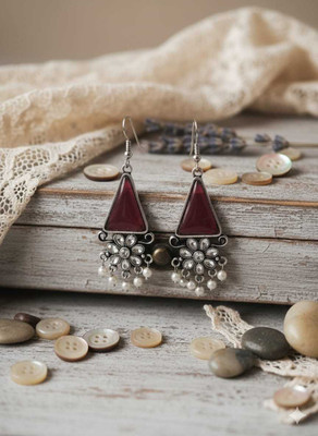 Ethnica Vintage Silver-Plated Triangle Drop Earrings with Maroon Stone White Metal Drops & Danglers