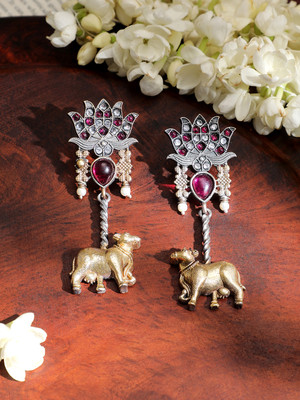 RUBANS Rubans Dual-Tone Oxidised Lotus Motif Drop Earrings with Pink Stone Brass Drops & Danglers