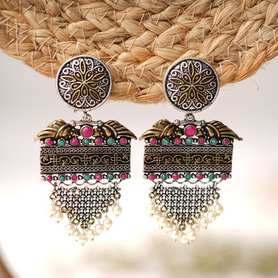 Sanseeta Amrita- Silver Brass Pearl dangler earrings Zircon Brass Drops & Danglers