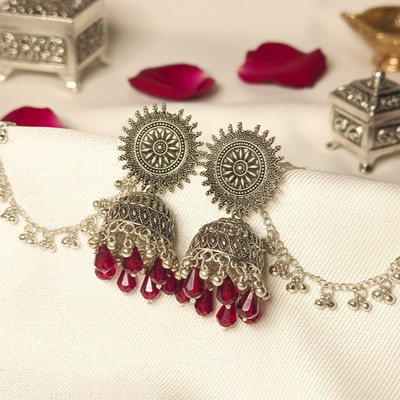 Rumee Jhumka Earrings with Red Drop Beads and Bahubali Chain | Bahubali Earrings | Beads Alloy Jhumki Earring