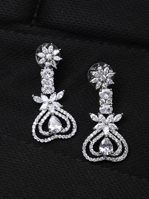 ANOUK White American Diamond Silver Plated Designer Heart shape Earring Cubic Zirconia Brass Drops & Danglers