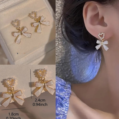 REYNVI Sweetheart Bow Golden Charm Dangle Earrings White Zircon Alloy Stud Earring