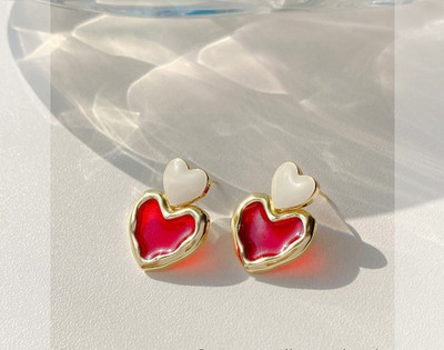 ShinyDrops Trendy Red and White Gold-Plated Heart Stud Enamel Earrings for Women & Girls Alloy Drops & Danglers