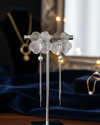 DIVYASHVI FASHION Silver Floral Statement Earrings with Pearl and Tassel Drops Pearl Copper Drops & Danglers