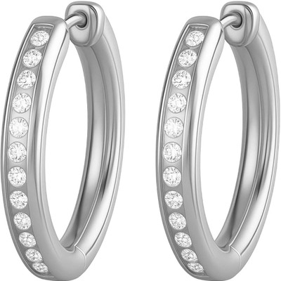 THANU'S CRAFT 18K-Silver-Plated Stainless Steel Huggie Hoop Earrings Crystal Metal Stud Earring