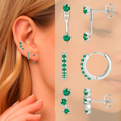 THANU'S CRAFT 3 Pair 18K Silver Plated CZ Emerald Green Stone Multiple Piercing Earrings Crystal Metal Stud Earring