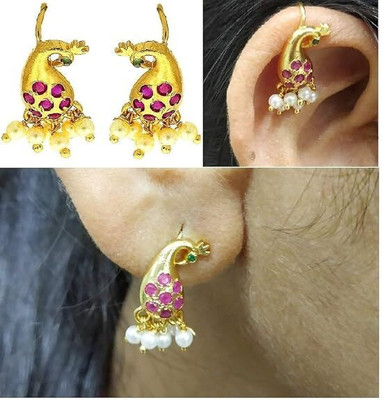 THANU'S CRAFT Gold Plated Traditional Maharashtrian Clip on Peacock Bugadi Upper Ear Earrings Ruby Metal Cuff Earring