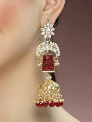 Karatcart Kraratcart Gold Plated Red Carved Stone Kundan Jhumki Drop Earrings for Women Alloy Jhumki Earring