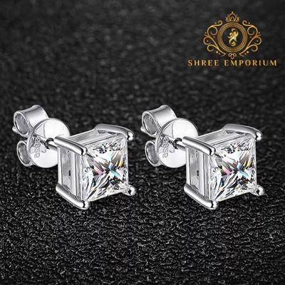 Shree Emporium 925 Silver Solitaire Square Earrings White Zircon Sterling Silver Tunnel Earring