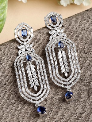 Karatcart Silver Tone American Diamond Studded Blue Dangler Earrings for Women Alloy Drops & Danglers