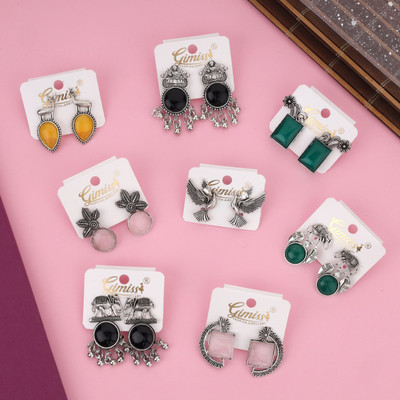 Gimiss Elegant GemStone Pearl Stud Combo Set for Women and Girls – Multicolor Oxidised Alloy Earring Set, Hoop Earring, Jhumki Earring, Cuff Earring, Tassel Earring