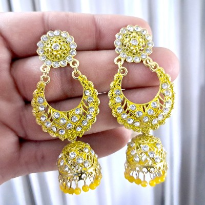 Anish long jhumki earrings yellow color wedding jhumka fancy party wear jhumki women Pearl Alloy Jhumki Earring, Drops & Danglers