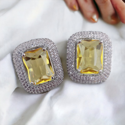 Opal Touch Sparkling Crystal Yellow Studs Cubic Zirconia Brass Stud Earring