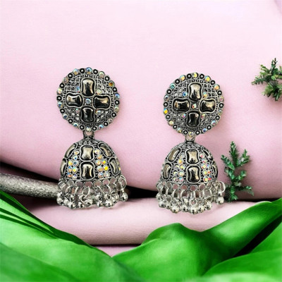Vigilantee Jewels Stylish Oxidized Silver Jhumka Earrings with Crystal Accents For Women And Girls Beads Alloy Jhumki Earring