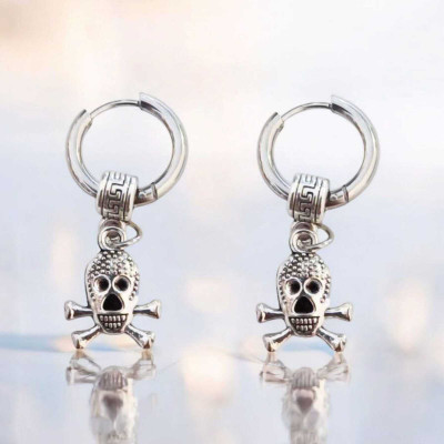 AVITA JEWELERS Silver Skull and Crossbones Hoop Earrings, Gothic Style, Small Dangle Stainless Steel Hoop Earring