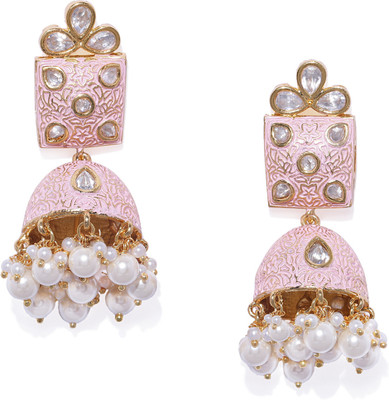 House of Pataudi Brass Enamel and Gold-plated Pink Dome Shaped Jhumkas with Pearl Danglers Brass Jhumki Earring