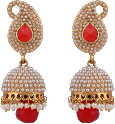 Bhana Jewells Design Classy Carry Jhumkai With Red stone and Pearl Work_BJ Pearl Brass Jhumki Earring