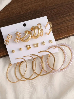 Dressberry Combo Of 9 Pair Butterfly Star Studs And Plain Pearl Hoop Earrings For Women Pearl Alloy Hoop Earring
