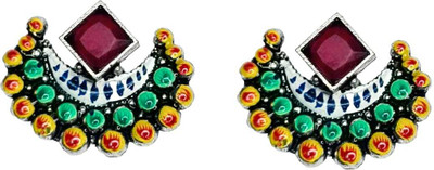 AVNI CREATION Hand Painted Green Stone Floral Kite Earrings Brass Earring Set