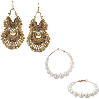 house of common Pack of 2 Double Layered Afgani Golden Chandbali and Sea Pearl Hoop Alloy Chandbali Earring