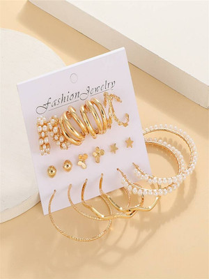 Vembley Combo Of 9 Pair Butterfly Star Studs / Plain Pearl Hoop Earrings For Women/Girls Alloy Hoop Earring