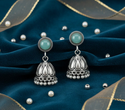 S D Creations Oxidised Silver Earrings with Turquoise Stone and Pearl Drops, Antique Finish Brass Drops & Danglers, Jhumki Earring