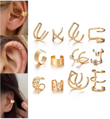 Shining Diva Latest Stylish 12 Pcs Combo Clip On Ear Cuff Earrings Crystal Alloy Stud Earring