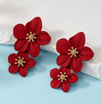 AKISON JEWELS Maroon Flower Earrings For Women Floral Earrings For Women long Korean Earrings Alloy Earring Set, Drops & Danglers, Tassel Earring