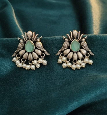 Tushiv Oxidised Birds design light Green Stone & Pearl Crescent Shaped Drops Earrings Beads Copper Stud Earring
