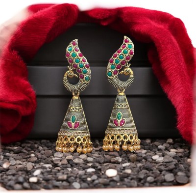 Vigilantee Jewels Traditional Wedding Ethnic Peacock Gold Plated Big Oxidize Jhumka Jhumki Brass Brass Earring Set