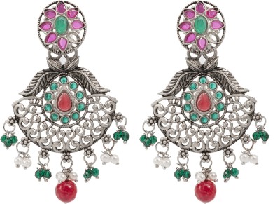 Shining Jewel Shining Jewel Traditional Matte Silver Oxidised CZ, Crystal Studded Drop Earring Brass Drops & Danglers