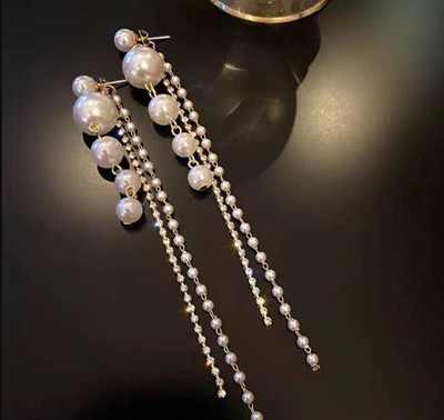 AKISON JEWELS Korean Earrings Pearl Long Chain Ad stone Stud western Earrings For Women Girls Diamond Alloy Drops & Danglers, Earring Set, Stud Earring
