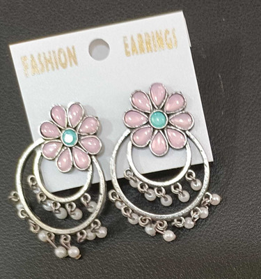 SawariyaaSeth Oxidised Silver Look Beige Stone & Pearl Floral Drop Earrings for Women & Girls Alloy Stud Earring