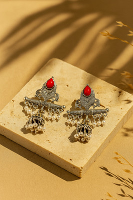 Mini Bits & Crafts Traditional Silver Oxidized Earrings with Red Stone and Pearls Onyx Alloy Jhumki Earring