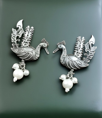 BLOOM & GROW JEWELRY ETHNIC OXIDIZED PEACOCK STUB EARRINGS IN SILVER BEAUTIFUL LOOK Brass Stud Earring