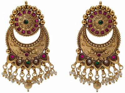 ARIRAdesigns Stone studded golden and pink with white pearls jhumkas Metal Earring Set