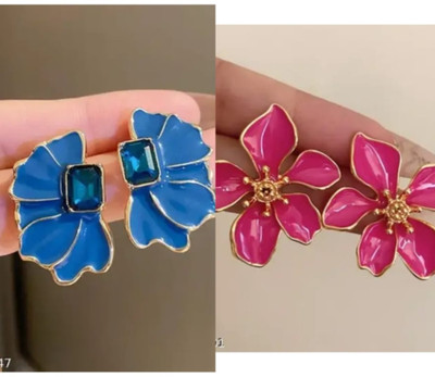 RISHASTYLE Shine pink and navy blue and gold plated earrings combo of Two Zircon Alloy Stud Earring