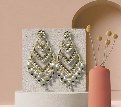 Shivanya Vogue Royal Kundan Pearl Chandbali Pearl, Beads, Emerald Alloy, Mother of Pearl Chandbali Earring, Jhumki Earring