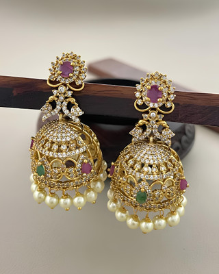 PBM CREATIONS GOLD PLATED AD STONE WEDDING JHUMKI / PEARL STUD / KUNDAN BEADS EARRING Copper Drops & Danglers, Jhumki Earring