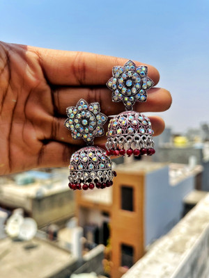 Hengar Traders Maroon_flower_jhumka07-3 Cubic Zirconia Brass Earring Set