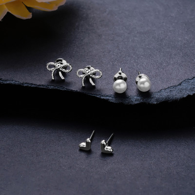ACCESSORIZE LONDON Accessorize London Women SilverBow Stud Earrings Pack of Three Crystal Zinc Stud Earring