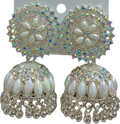 KapaNation EARRING-WHITE-ROUND Metal, Crystal, Fabric Plug Earring, Jhumki Earring, Earring Set, Drops & Danglers
