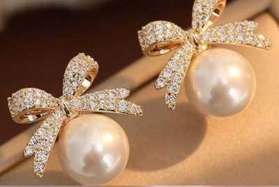 Mayas Natural Products Korean Style Pearl Bow Earrings | Classy Gold-Tone Studs for Women and Girls Pearl, Diamond Alloy Stud Earring