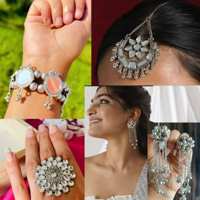 Ashir Oxidised Earrings and opaneble bracelet and mangtika and ring Alloy Jhumki Earring