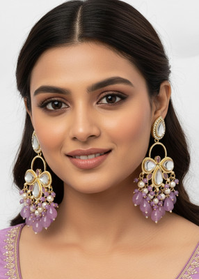 GetBling Traditional Kundan & Lavender Beads Chandbali Earrings for Women & Girls Beads, Sapphire Alloy Drops & Danglers